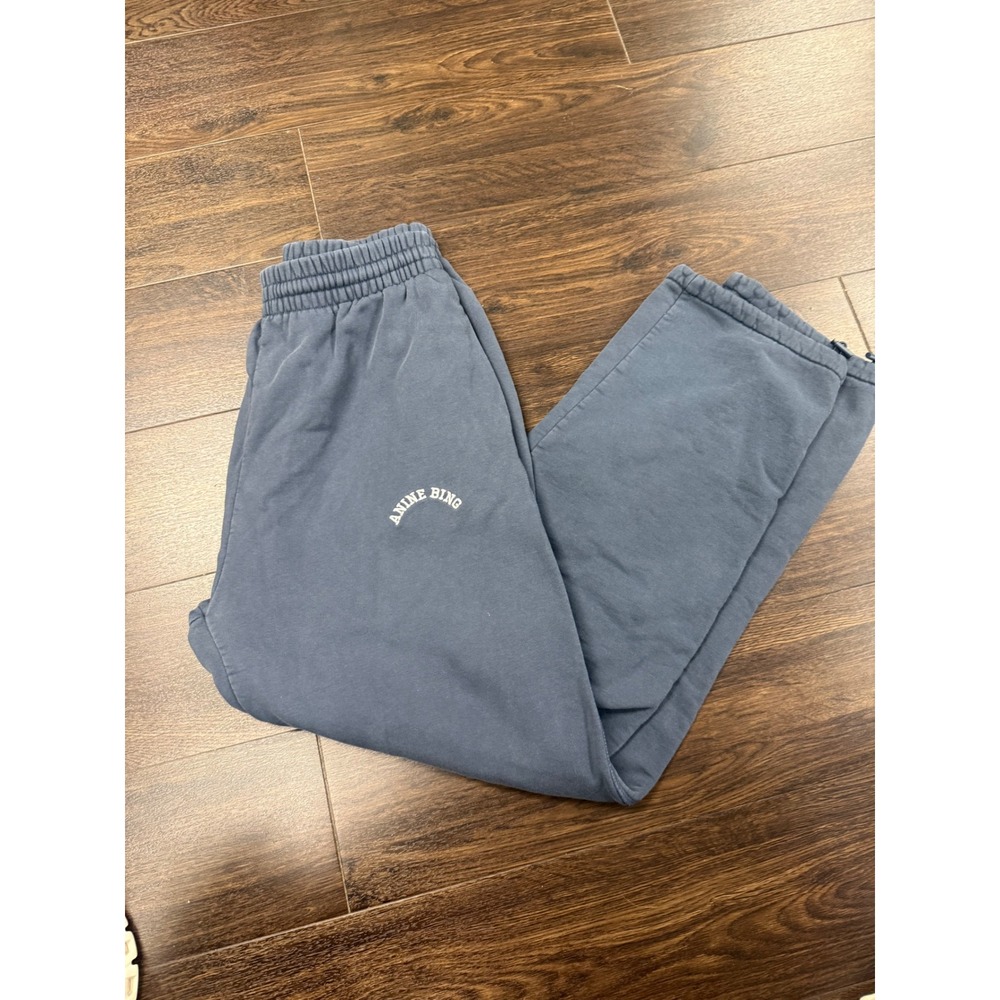 ANINE BING Blue Washed Fleece Sweatpants Joggers Arc Logo Toggle Hem Size Large